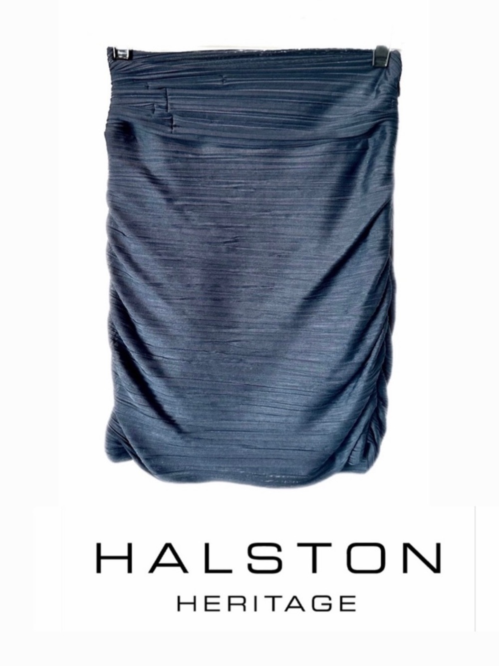 HALSTON HERITAGE Ruched Pleated Pencil Mini Skirt in Metallic Navy Blue